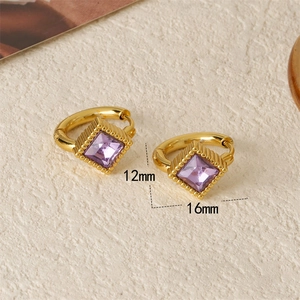 Minimalist stainless steel 18K gold earrings with purple zircon in 16x12mm size