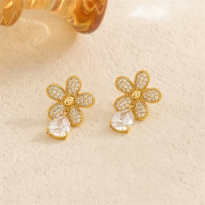 Elegant gold flower stud earrings with shimmering zircon petals and pear-cut crystal drops