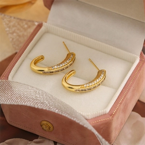 Minimalist gold S925 sterling silver C-shaped stud earrings with micro-set zircon crystals