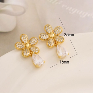 Exquisite gold floral drop earrings with cubic zirconia, 25mm width by 16mm length size