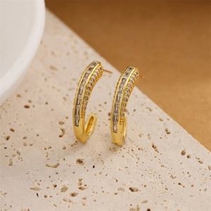 Elegant gold S925 silver C-shaped hoop earrings with micro-set cubic zirconia stones
