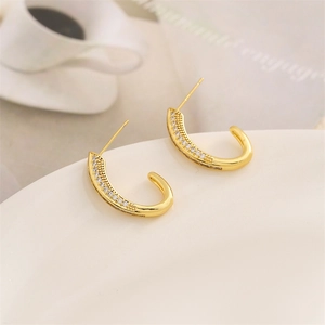 Elegant gold S925 silver C-shaped hoop earrings with sparkling micro-pave zircons