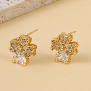 Elegant Copper Zirconia Four-Leaf Clover Stud Earrings With 925 Sterling Silver Post Heart Leaf Floral Women Jewelry