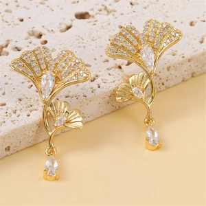 French Elegant Ginkgo Leaf Drop Earrings Gold Plated Rhinestone Leaf Dangle Earrings For Women Fashion Jewelry