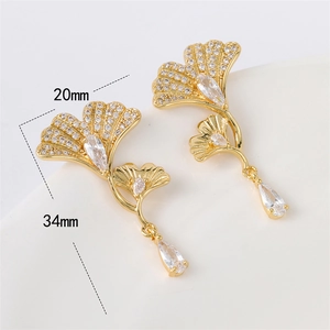 French style golden ginkgo leaf drop earrings with sparkling zircon stones 20x34mm