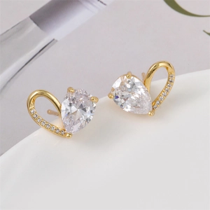 Hollow Heart Stud Earrings Copper Gold Plated Pear Cut Zircon Jewelry For Women Palace Style Wedding Party Gift Elegant Accessories