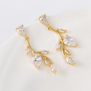 Elegant Copper Branch Leaf Drop Earrings For Women Korea Style Gold Plated Cubic Zirconia Inlaid Tassel Dangle Earrings Jewelry