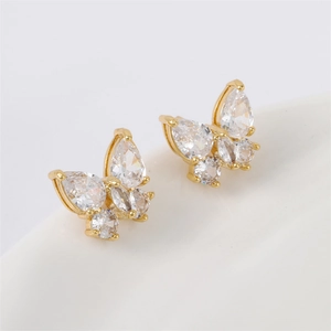Fashion Copper Butterfly Stud Earrings With Silver Earring Post Gold Plated Rhinestone Inlaid Elegant Insect Jewelry For Women