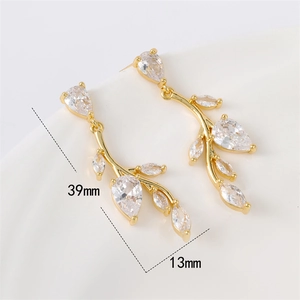 Elegant gold leaf earrings with zircon accents measuring 39mm in height for a natural look
