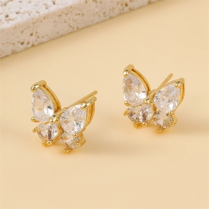 Elegant gold butterfly stud earrings with sparkling clear cubic zirconia crystals
