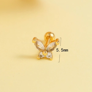 Macro view of 5.5mm butterfly stud earring with sparkling zircon and gold plating