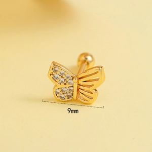 Golden butterfly stud earring with white crystals and 9mm width screw back detail