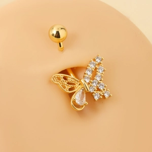 Anneau de Nombril Papillon Occidental Acier Inoxydable Zirconia Incrusté Ajouré Or Piercing de Nombril Bijoux de Corps Femme