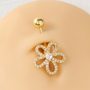 Anneau de Nombril en Acier Inoxydable Avec Pendentif Fleur en Zirconia Or Bijoux de Piercing pour Femme