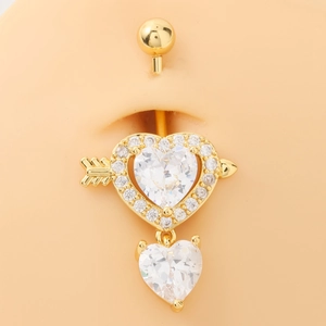 Golden heart-shaped navel ring with cubic zirconia and Cupid's arrow design for women