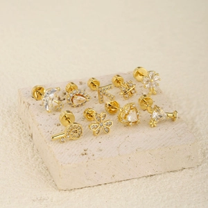18K Gold Plated Stainless Steel Cartilage Earring Stud Copper Zirconia Flower Heart Star Geometric Piercing Jewelry For Women