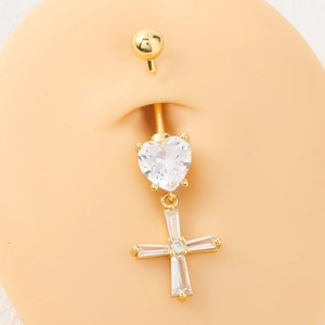 Piercing de Nombril en Acier Inoxydable Plaqué Or 18K Avec Pendentif Cœur et Croix Zircone Bijoux de Corps pour Femmes Luxueux