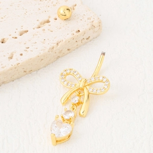Golden stainless steel butterfly belly button ring with heart-shaped zircon pendant