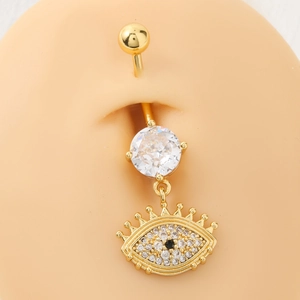Piercing de Nombril Œil Maléfique Acier Inoxydable Courbe Or Plaqué Cuivre Zircone Clair Bijoux de Corps Femme Plage Accessoire