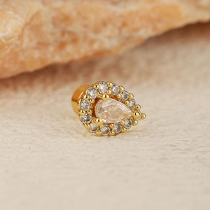 Gold pear-shaped drop earring with halo crystal setting and stainless steel post