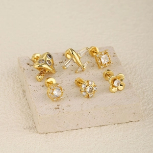 18K Gold Plated Stainless Steel Zirconia Cartilage Stud Earrings For Women Mushroom Airplane Flower Screw Back Piercing Jewelry