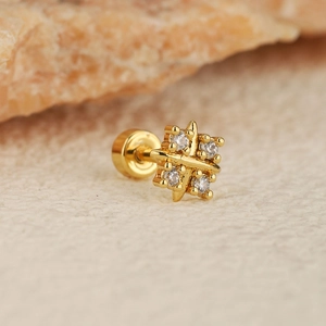 Golden cross star stud earring with four zircons and threaded ball back screw