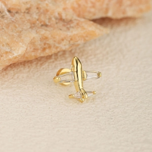 Golden airplane stud earring with sparkling cubic zirconia and screw flat back closure