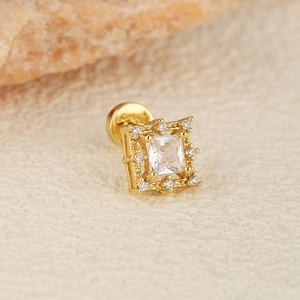 Gold stainless steel cartilage stud earring with square zircon and screw flat back design
