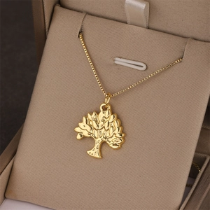 Stainless Steel Tree Of Life Pendant Necklace 18K Gold Plated Box Chain Lucky Tree Choker Fashion Jewelry For Women