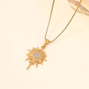 Golden starburst pendant necklace with zircon crystals and stainless steel box chain