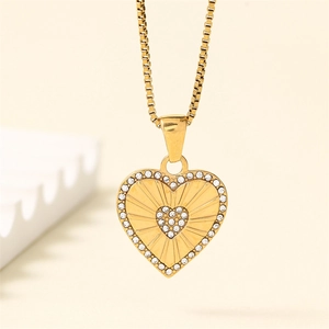 Collier Pendentif Cœur en Acier Inoxydable Plaqué Or 18K Motif Rayon de Soleil Zircone Chaîne Maille Miroir Bijoux Femme