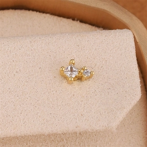 Minimalist 18K gold plated earring with square and round zircon stone set on a textured stand