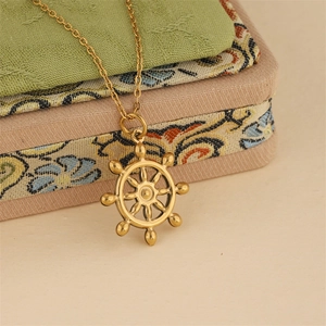 18K gold plated stainless steel nautical ship wheel helm pendant necklace for women