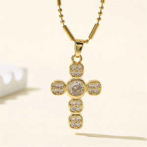 Collier Pendentif Croix en Cuivre et Acier Inoxydable Plaqué Or pour Femme Chaîne Bambou Géométrique Strass Bijoux