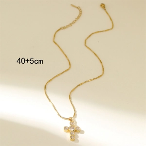 Collier croix dorée avec pendentif en zircone et chaîne à perles, longueur 40+5cm
