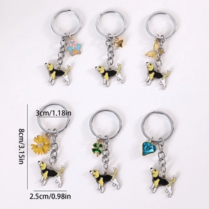 Set of 6 cartoon beagle dog metal keychains with assorted charms for bags and keys