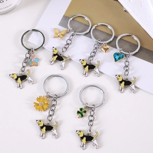 Cartoon Beagle enamel dog keychain set with assorted heart and flower charms