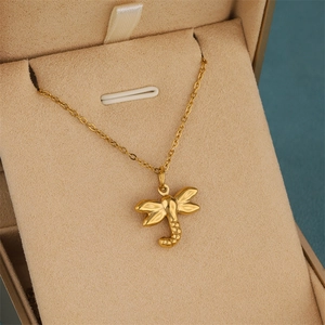 Elegant gold plated stainless steel dragonfly pendant necklace in a premium velvet box