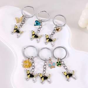 Set of six cartoon Beagle metal keychains with colorful charms and drip oil finish