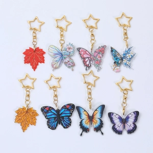 Porte-clés Papillon Feuille d'Érable en Acrylique Avec Fermoir Étoile Dorée Pendentif Sac en Résine Pailletée Accessoire Bijou Femme Cadeau