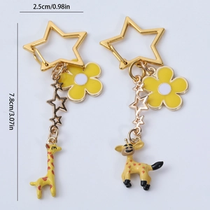 Cartoon giraffe drop earrings with yellow flower and gold star charms for women