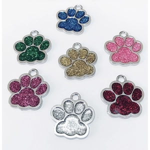 Colorful paw-shaped zinc alloy pet tags with glitter finish and metal hanging rings