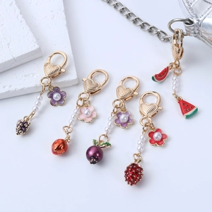 Creative fruit enamel keychain set with strawberry and grapes in heart lobster clasp