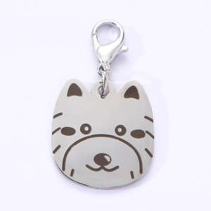 Polished silver stainless steel dog head charm with lobster clasp and engraved lines