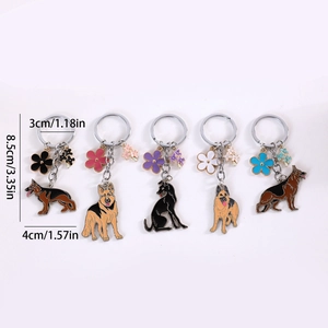 Schäferhund-Schlüsselanhänger aus Metall mit Emaille-Blumen und Hunde-Anhängern