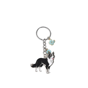 Border Collie Metall Schlüsselanhänger mit Hund-Anhänger und Blumen-Anhängern