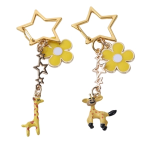 Cartoon giraffe dangle earrings with gold stars and yellow flower charms for women