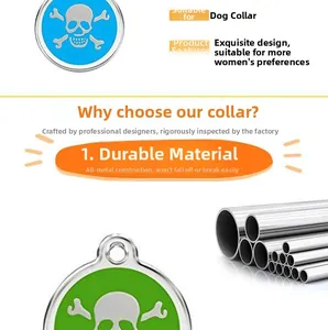 Detail showing durable all-metal round dog tag with skull design in blue and green colors