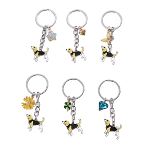 Set of 6 cartoon beagle keychains with enamel alloy charms and various star and heart pendants