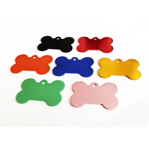 Aluminum bone-shaped pet ID tags in seven vibrant colors for dog collars and cat tags